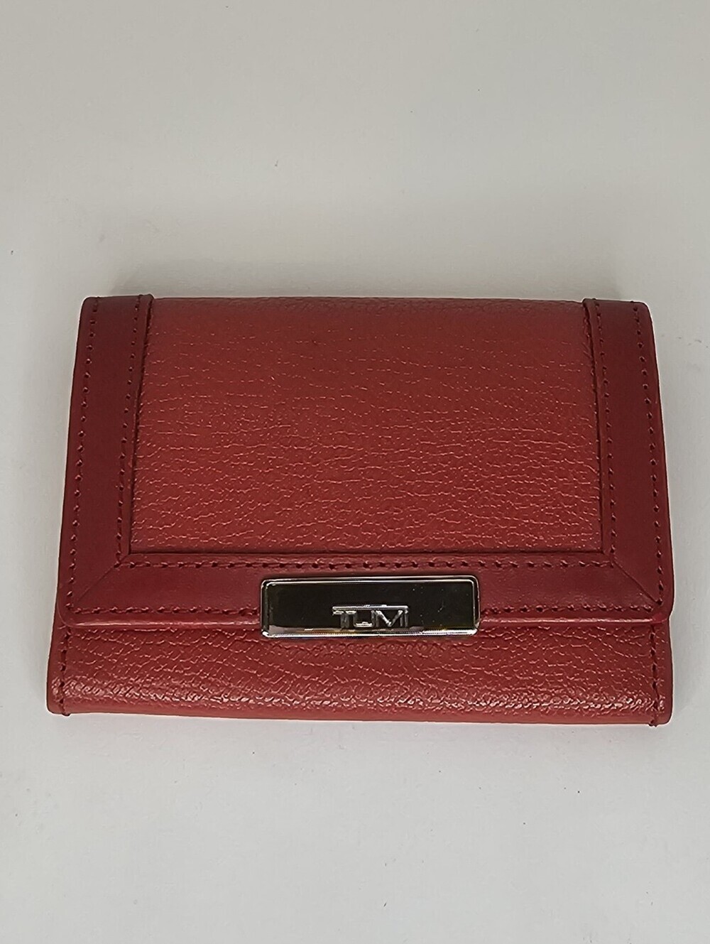 Tumi Red Grained Leather Snap Card Holder Wallet Tan Interior
